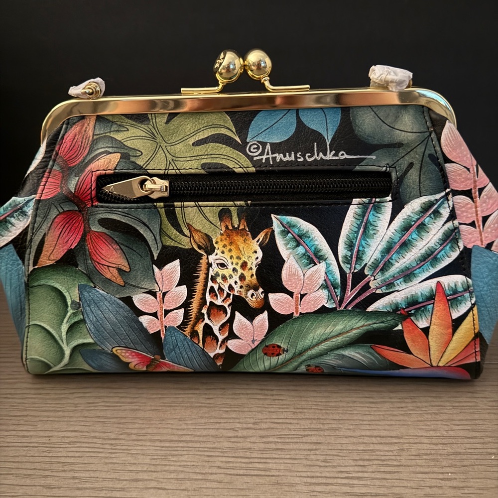 Anuschka Jungle Hand-Painted Leather Kiss Lock Clutch Crossbody Shoulder Purse
